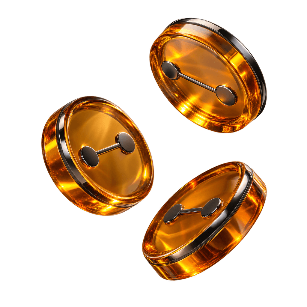 Three amber glass coins, each with two nodes and an edge.