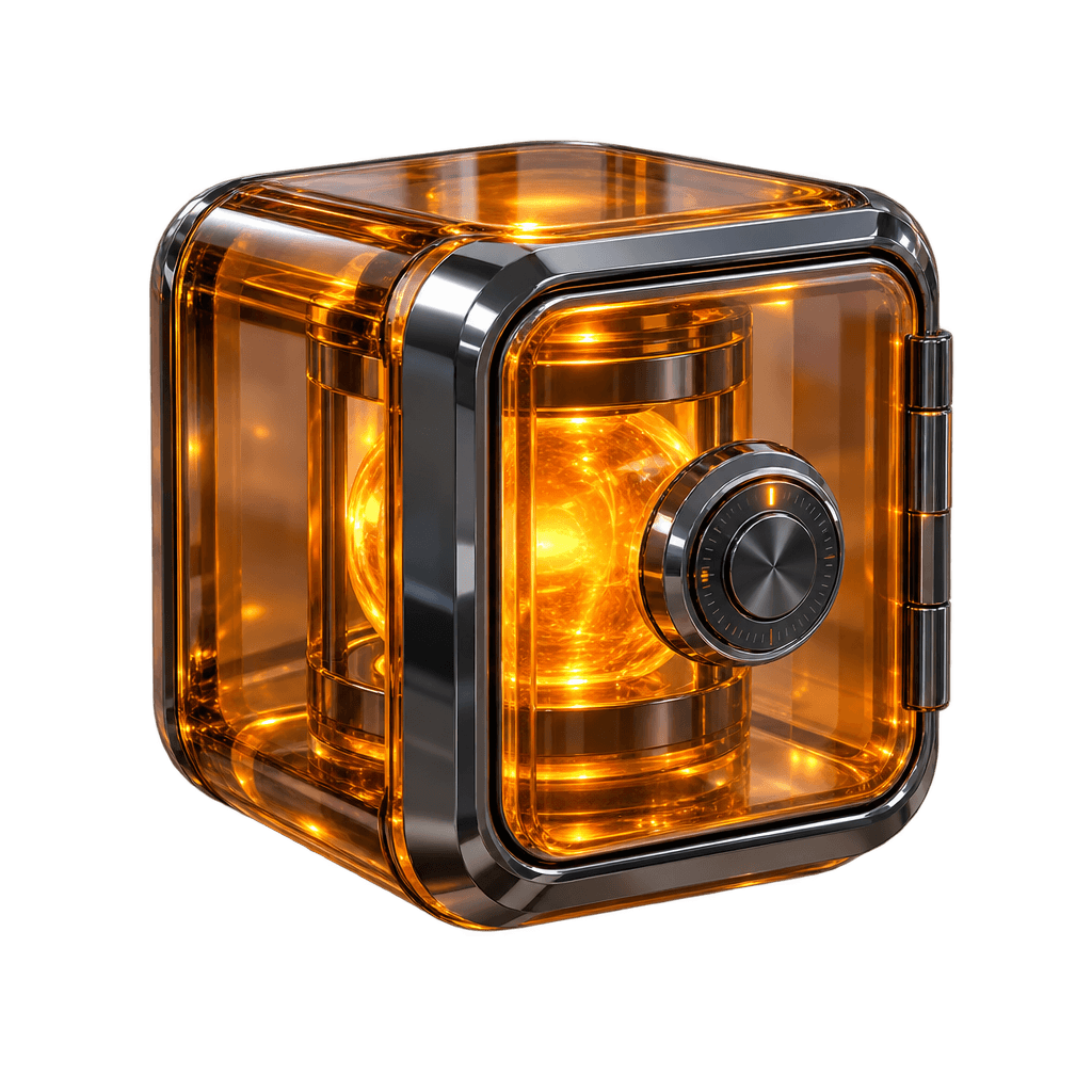 An amber glass vault with a steel dial and a glowing core.